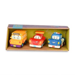 B.Toys 3-Piece Mini Pull-Back Car Set - School Bus/Race Car/Police Car Bx1657Z 
