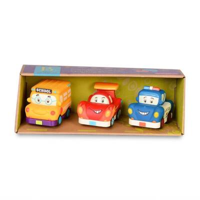 B.Toys 3-Piece Mini Pull-Back Car Set - School Bus/Race Car/Police Car Bx1657Z - 1