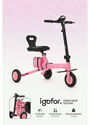 Igofor 3 Tekerlekli Katlanabilir Elektrikli Oturulabilir Scooter Pembe EM301-P - 8