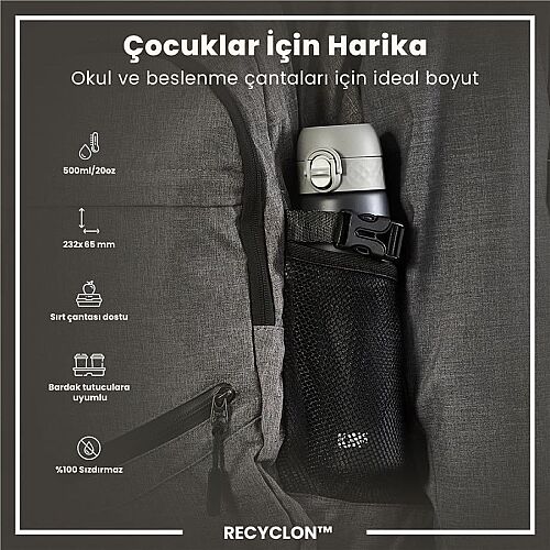 ION8 Geri Dönüştürülmüş Plastik Sızdırmaz İnce Suluk (500 ml) - Recyclon Gri - 6
