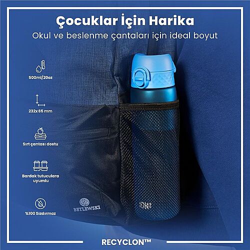 ION8 Geri Dönüştürülmüş Plastik Sızdırmaz İnce Suluk (500 ml )- Recyclon Mavi - 3