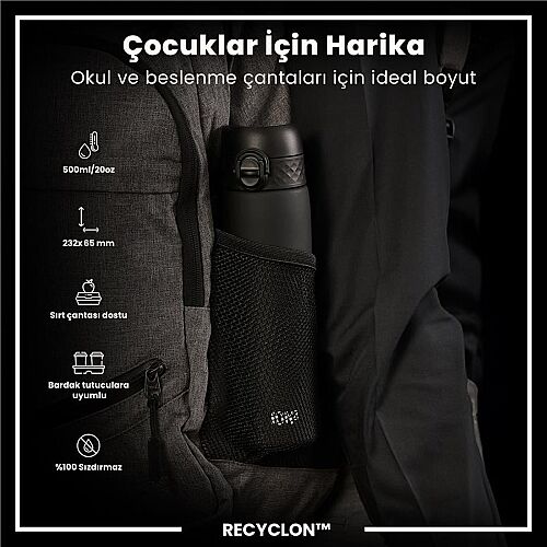 ION8 Geri Dönüştürülmüş Plastik Sızdırmaz İnce Suluk (500 ml) - Recyclon Siyah - 6