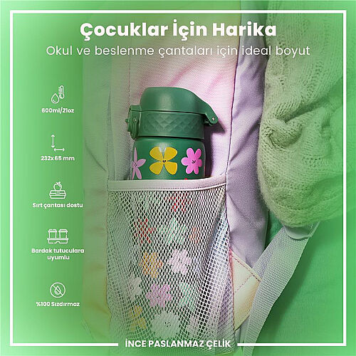 ION8 Sızdırmaz Paslanmaz Çelik İnce Suluk (600 ml) - Çiçekli - 5