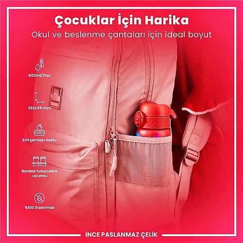 ION8 Sızdırmaz Paslanmaz Çelik Kırmızı İnce Suluk (600 ml) - Unicorn - 5