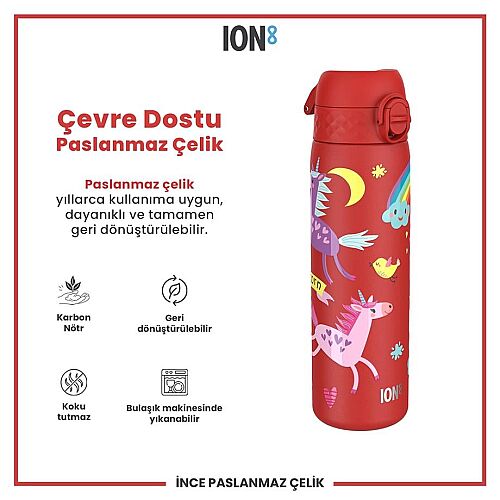 ION8 Sızdırmaz Paslanmaz Çelik Kırmızı İnce Suluk (600 ml) - Unicorn - 3