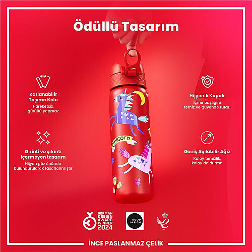 ION8 Sızdırmaz Paslanmaz Çelik Kırmızı İnce Suluk (600 ml) - Unicorn - 2