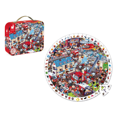 Janod 208-Piece Round Puzzle And Triangle Set With Carrying Case - Firefighter J02793 - 2