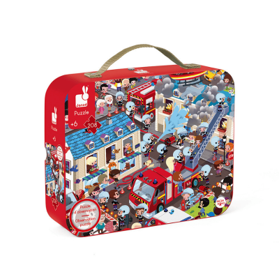 Janod 208-Piece Round Puzzle And Triangle Set With Carrying Case - Firefighter J02793 - 4