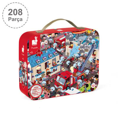 Janod 208-Piece Round Puzzle And Triangle Set With Carrying Case - Firefighter J02793 - 1