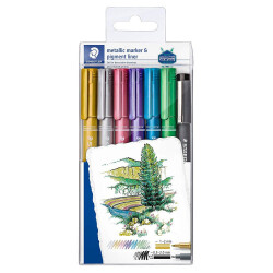 Staedtler Metallic Marker Set Of 6 + Pigment Liner Black (Gift) 8323-Swp6P - 1