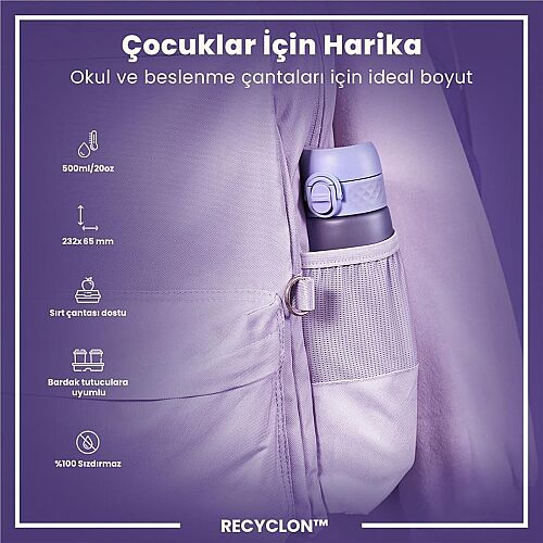 ION8 Geri Dönüştürülmüş Plastik Sızdırmaz İnce Suluk 500 Ml - Recyclon Açık Mor - 3