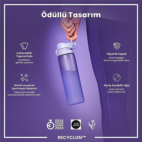 ION8 Geri Dönüştürülmüş Plastik Sızdırmaz İnce Suluk 500 Ml - Recyclon Açık Mor - 6