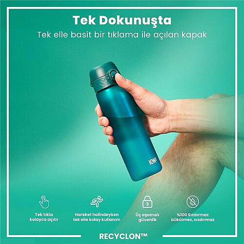ION8 Geri Dönüştürülmüş Plastik Sızdırmaz İnce Suluk (500 ml) - Recyclon Deniz Mavisi - 4