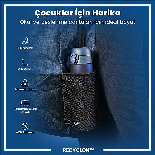 ION8 Geri Dönüştürülmüş Plastik Sızdırmaz İnce Suluk 500 Ml - Recyclon Koyu Mavi - 3
