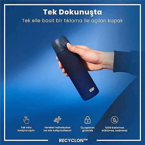 ION8 Geri Dönüştürülmüş Plastik Sızdırmaz İnce Suluk 500 Ml - Recyclon Koyu Mavi - 4