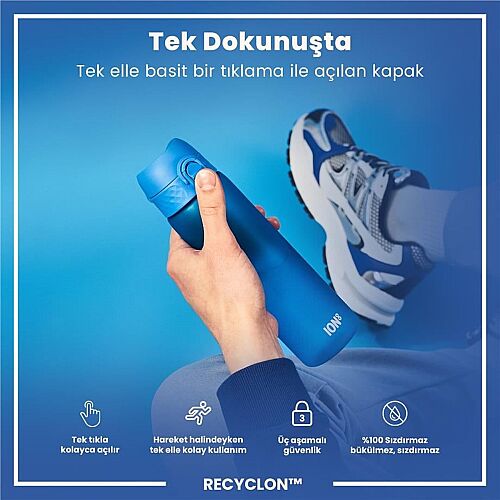 ION8 Geri Dönüştürülmüş Plastik Sızdırmaz İnce Suluk 500 Ml - Recyclon Mavi - 4