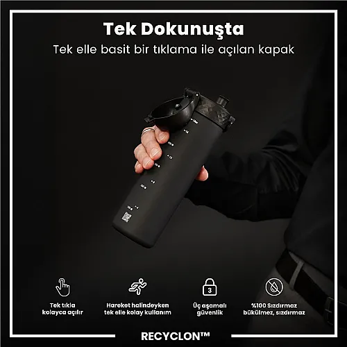 ION8 Geri Dönüştürülmüş Plastik Sızdırmaz İnce Suluk (500 ml) - Recyclon Siyah - 2