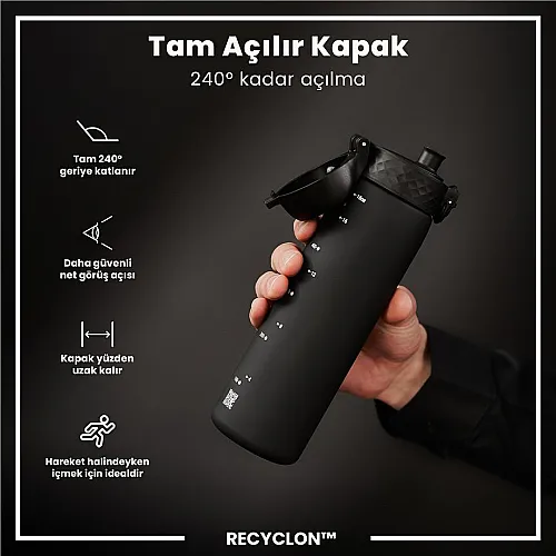 ION8 Geri Dönüştürülmüş Plastik Sızdırmaz İnce Suluk (500 ml) - Recyclon Siyah - 3