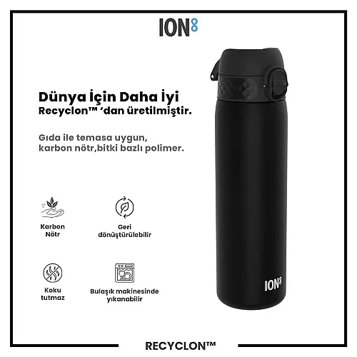 ION8 Geri Dönüştürülmüş Plastik Sızdırmaz İnce Suluk (500 ml) - Recyclon Siyah - 4