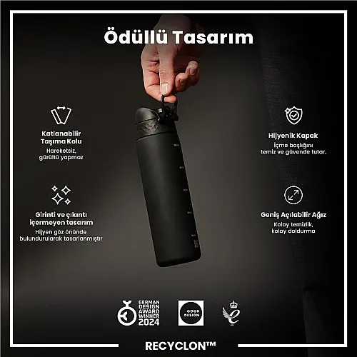 ION8 Geri Dönüştürülmüş Plastik Sızdırmaz İnce Suluk (500 ml) - Recyclon Siyah - 5