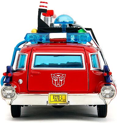 Jada Toys Transformers X Ghostbusters ECTO-1 Die-Cast Metal Model Araba, 1:24 Ölçek, Kırmızı-Beyaz A - 5